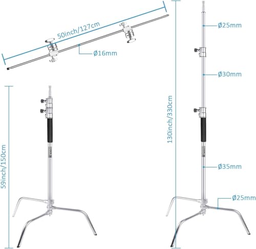 10.8ft Heavy Duty Stainless Steel C Stand with Boom Arm | 4.2ft/128cm arm, 2 grip heads, 20kg center column load for studio lights, softboxes & reflectors - size: 330cm