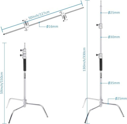10.8ft Heavy Duty Stainless Steel C Stand with Boom Arm | 4.2ft/128cm arm, 2 grip heads, 20kg center column load for studio lights, softboxes & reflectors - size: 330cm