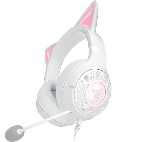 Razer Kraken Kitty V2 USB Wired Headset, Chroma RGB Kitty Ears, White | Stream Reactive Lighting, HyperClear Cardioid Mic, 40 mm Drivers, 7.1 Surround Sound, Comfortable Ear Cushions - color: White