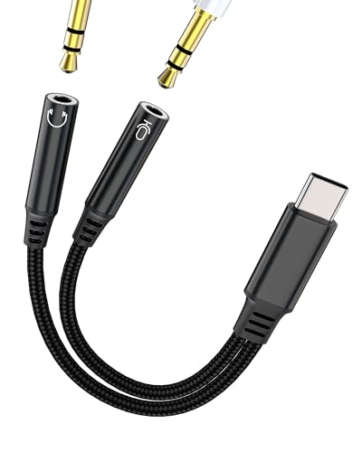 USB C to Dual 3.5mm Audio Microphone TRS Jack Adapter(2in1) for iPhone 16 AUX Headset Cable Splitter Compatible for Samsung S25 Android Tablet Headphone Connector Car Auxiliar for iPad Dongle