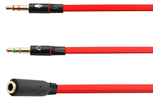 3.5mm AUX Headphone Y Splitter Cable 4-Pole 3.5mm AUX Female to 3-Pole 2x3.5mm Male Headset Mic & Stereo Audio Cable for PC Computer and Old Version Laptop Y Audio Flat Cable (20CM) (Red) - color: Red