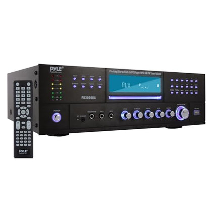 Pyle 4 Channel Bluetooth Amplifier with Front Loading DVD/CD Player - 3000 Watt Stereo Receiver with FM Radio, Dual Microphone w/Echo for Karaoke, USB-A in, LED, Rack Mount - PD3000BA.5