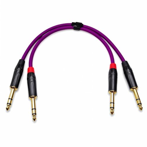1/4 Inch TRS Instrument Cable 1ft 2-Pack, Purple OFC 24K Gold-Plated Patch Cable, Balanced Stereo for Guitar Bass Keyboard Mixer Pedalboard, for Fender Marshall Yamaha Roland Boss