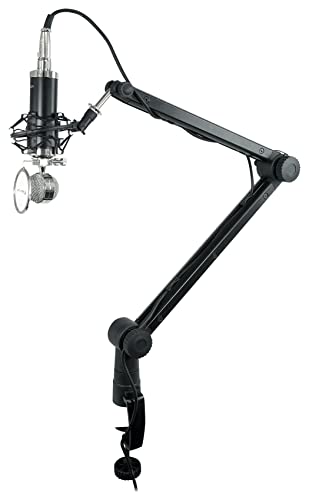 Rockville ROGAN STAND Pro Boom Arm Mic Stand with Fixed Mount, Desk Clamp | Built-in 6.5' XLR Cable, Aluminum, Foldable, No Springs, 5/8" Mic Threads, Safety Locking Pin, 38" Arm, Mic Clip Included