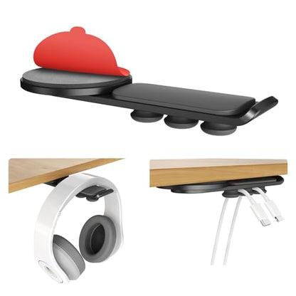 Headphone Stand - 360 Degree Rotating Adhesive Under Desk Headset Holder with 2 Cord Holder Clips (Black)