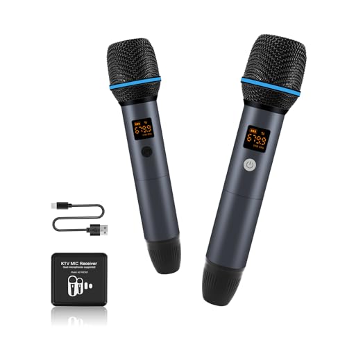 Wireless Microphone Kit, Dual Handheld Rechargeable Karaoke Mics with Receiver, Low Latency, 15m/49ft Range, 6H Duration, Compatible with V10 Series Car Stereo for Singing Party