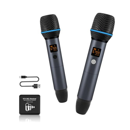 Wireless Microphone Kit, Dual Handheld Rechargeable Karaoke Mics with Receiver, Low Latency, 15m/49ft Range, 6H Duration, Compatible with V10 Series Car Stereo for Singing Party