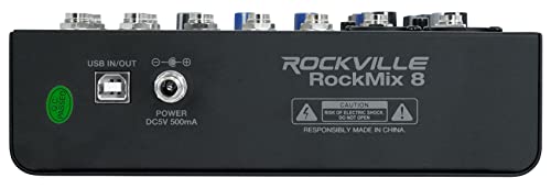 Rockville ROCKMIX 8 Channel USB Mixer with Interface, Compressor, Bluetooth | 2 XLR/1/4" Inputs, 48V Phantom Power, 3-Band EQ, FX Send, RCA Aux