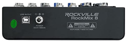 Rockville ROCKMIX 8 Channel USB Mixer with Interface, Compressor, Bluetooth | 2 XLR/1/4" Inputs, 48V Phantom Power, 3-Band EQ, FX Send, RCA Aux