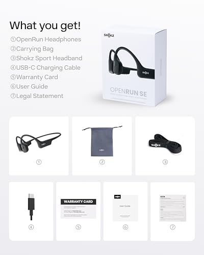 SHOKZ OpenRun Bone Conduction Bluetooth Headphones, Black, USB-C Charging | Bundle with Sweat Headband；Open ear comfort; Lightweight & Secure fit; IP67 water resistance; 8H battery; Running/Cycling - color: Black, size: Standard Size+USB-C Charging