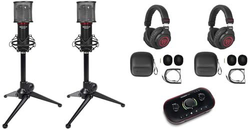 Audiosavings Bundle: (1) Focusrite Vocaster Two USB-C Audio Interface Bundle with (2) Rockville Studio Headphones & (2) Rockville Recording Microphone & (2) Rockville RDTS Microphone Stand (7 Items)