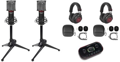 Audiosavings Bundle: (1) Focusrite Vocaster Two USB-C Audio Interface Bundle with (2) Rockville Studio Headphones & (2) Rockville Recording Microphone & (2) Rockville RDTS Microphone Stand (7 Items)