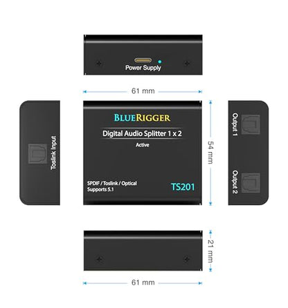 BlueRigger Digital Optical Audio Splitter (1x2 Active Toslink Splitter) - size: 1x2, style: Active