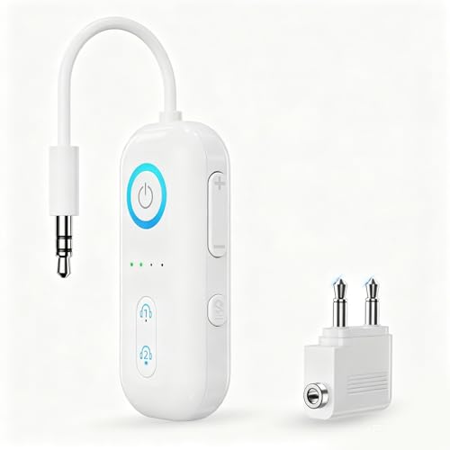 Bluetooth 5.4 Transmitter Receiver, Wireless Audio Adapter, Airplane Gadgets & Travel Essentials – for 2 Headphones, 20H Battery, aptX Low Latency, 3.5mm AUX Jack, for Car, TV, Home-Cream