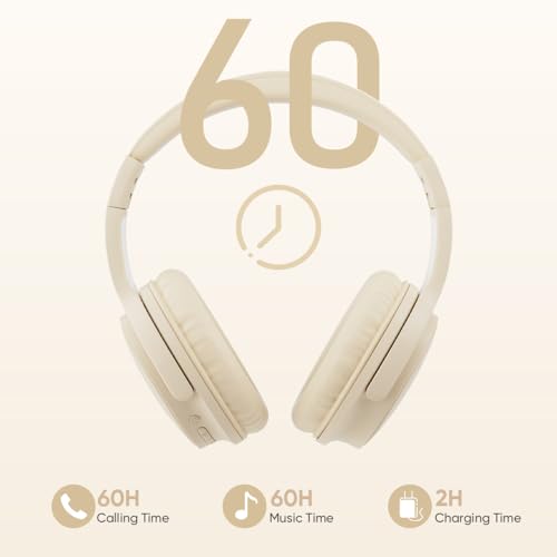 Wireless Headphones, Bluetooth Over Ear Headsets with Microphone, Hi-Fi Audio, 60H Playtime, Touch Control, Foldable Lightweight, On-Ear Headphones for Girls Women, Travel, Work, - color: Light Beige