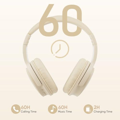 Wireless Headphones, Bluetooth Over Ear Headsets with Microphone, Hi-Fi Audio, 60H Playtime, Touch Control, Foldable Lightweight, On-Ear Headphones for Girls Women, Travel, Work, - color: Light Beige