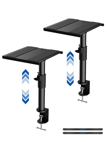 suptek Clamp-on Speaker Stand Desk Mount Set, Height Adjustment, Swivel, 9.6 x 8.8 inch Trays, Universal Audio Holders for Bookshelf Speakers, Elevated Sound, Against the Wall, 2 Pack, Black, SDM001K - size: Speaker Stands Against the Wall