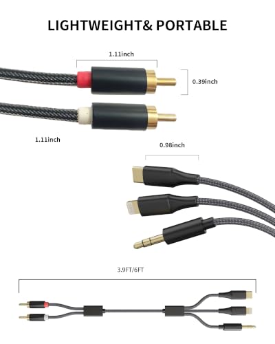 3-in-1 RCA Audio Cable Lightning USB C 3.5mm to 2 RCA | Compatible with iPhone Android Home Theater Car Stereo Speaker Amplifier 3.9FT RCA Cable for Audio Connection