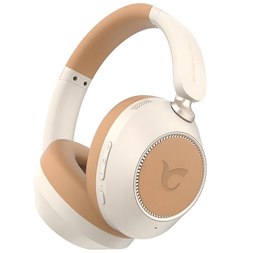 CYBORIS Active Noise Cancelling Headphones, Bluetooth 5.4 Wireless on Ear ANC Headphone with 65H Playtime, Deep Bass, Low Latency, Foldable Headset with Mic for Travel/Office/PC (Beige) - color: Beige