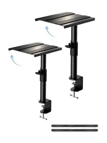 suptek Clamp-on Speaker Stand Desk Mount, Height Adjustment, Swivel, Tilt, 9.6 x 8.8 in Trays, Universal Audio Holders for Bookshelf Speakers, Elevated Sound, Against the Wall, 2 Pack, Black, SDM001KT - color: Black, size: Tilt Speaker Stands Against the