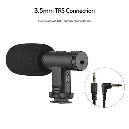 Portable Stereo Microphone Video Recording Mic 3.5mm TRS Plug | Built-in Rechargeable Battery for DSLR Cameras Camcorder