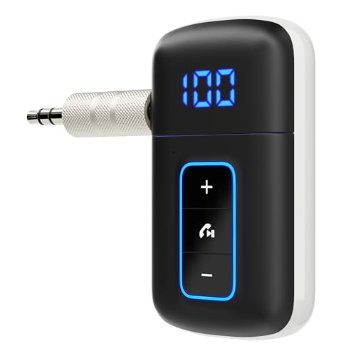 Bluetooth 5.3 AUX Receiver for Car, LED Screen, Noise Cancelling | 3.5mm AUX Bluetooth Adapter for Home Stereo/Wired Headphones/Speaker, Hands-Free Calls, Music, Dual Connect, Type-C Charging