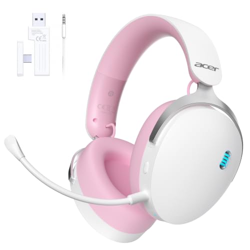 Acer Gaming Headset with Aluminum Frame for PS5, PS4, PC, Switch -PinkWhite | Tri-Mode(2.4GHz/Bluetooth/Wired) Gaming Headphones with ENC Mic, Stereo Sound, 40H Battery, Blue Light Indicator, 50mm Driver - color: PinkWhite