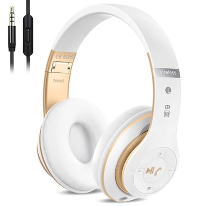 6S Bluetooth Headphones Over-Ear, Hi-Fi Stereo Foldable Wireless Stereo Headsets Earbuds with Built-in Mic, Volume Control, FM for iPhone/Samsung/iPad/PC (Blue) - color: White & Gold