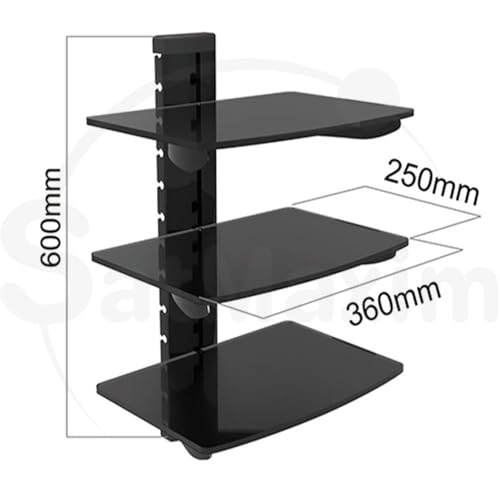 SATMAXIMUM Triple Adjustable AV Shelf Wall Mount, Black Tempered Glass Floating Shelves for Cable Box, DVD Player, Gaming Consoles, Routers, Holds 22 lbs Per Shelf, Cable Management