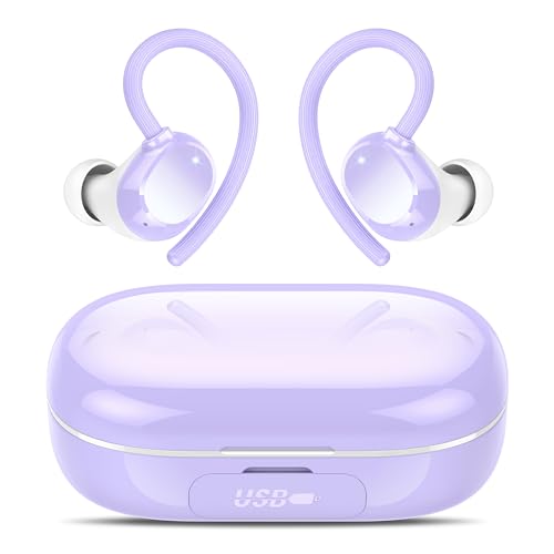 sprtoybat Wireless Bluetooth Earbuds Sport 128H Playtime New Bluetooth 5.3 Headphones with LED Display Powerful Bass Over Ear Earphones with Earhooks IP7 Waterproof for iOS Android - color: Highlight Purple