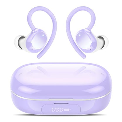 sprtoybat Wireless Bluetooth Earbuds Sport 128H Playtime New Bluetooth 5.3 Headphones with LED Display Powerful Bass Over Ear Earphones with Earhooks IP7 Waterproof for iOS Android - color: Highlight Purple
