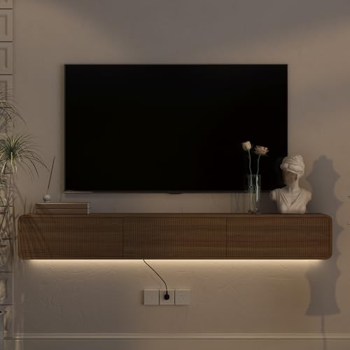 69" Wall Mount Floating Media Storage Cabinet, RGB LED Media Console, Large Storage TV Console Stand for Home Entertainment Areas, Wood
