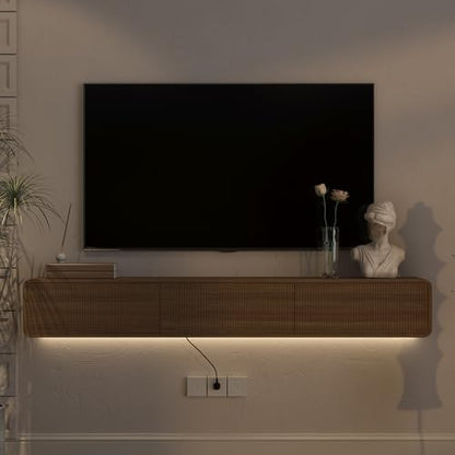 69" Wall Mount Floating Media Storage Cabinet, RGB LED Media Console, Large Storage TV Console Stand for Home Entertainment Areas, Wood