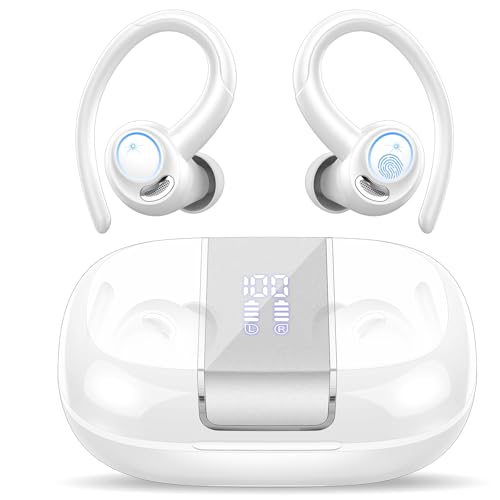 Wireless Sports Earbuds with Earhook, 48H Deep Bass/ENC Mic Ear Buds White | Wireless Earphone with LED Display, Bluetooth 5.3 Headphones In Ear, IPX7 Waterproof Over Ear Buds for Running/Workout - color: White