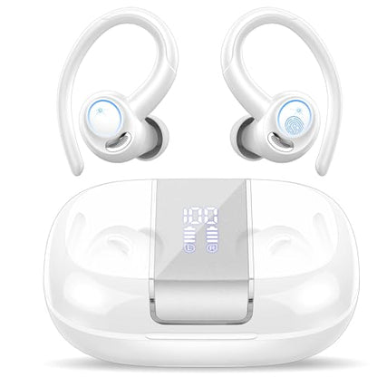 Wireless Sports Earbuds with Earhook, 48H Deep Bass/ENC Mic Ear Buds White | Wireless Earphone with LED Display, Bluetooth 5.3 Headphones In Ear, IPX7 Waterproof Over Ear Buds for Running/Workout - color: White