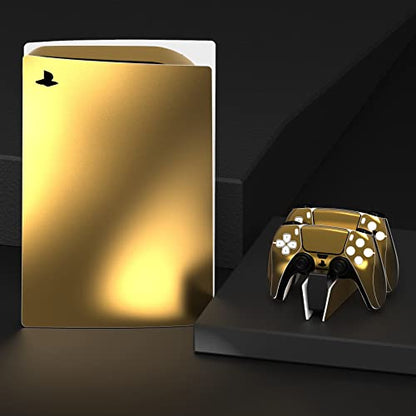 PlayVital Chrome Gold Glossy Full Set Skin Decal for ps5 Console Disc Edition, Sticker for ps5 Vinyl Decal Cover for ps5 Controller & Charging Station & Headset & Media Remote - color: Chrome Gold