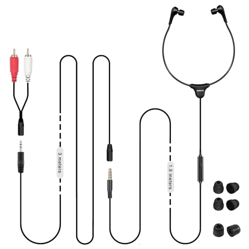 SIMOLIO Anti-Dropping Wired TV Earphone with Volume Control, Extra Long Cord Headphone with Mic for TV, PC, RCA & 3.5mm Cable Included, 14.9ft Extension Cable Earphone, Extra Soft Ear Tips, SM-901TV