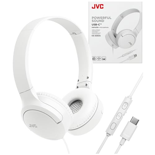 JVC USB-C Wired On-Ear Headphones with Mic – Comfortable All-Day Wear, Clear Calls, Rich Sound – Foldable & Lightweight – Tangle-Free Single-Sided Cable – Great for Gaming & Work from Home - color: White