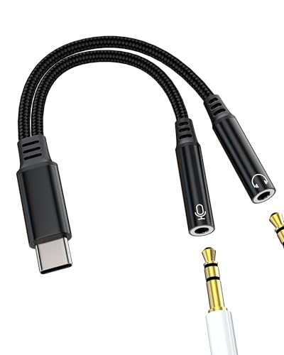 Headset Splitter Adapter USB C to 3.5mm Aux Headphone Microphone for Iphone 17 16 15 Pro Max (2in1) Audio Jack Cable Type C Cell Auxiliary Car Auxiliar Sound Dual Connection Android Speaker Galaxy S23