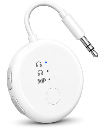 Avantree SoundJet R1 - Airplane Bluetooth Adapter for AirPods, 25H | Qualcomm aptX Adaptive & HD, dual-headphone pairing, 25-hour battery, USB-C charging, and single/dual airline plugs - color: 1. White