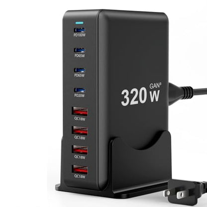 320W Fast Charging 8 Port USB C Charger Block, Multi-Device USB Charging Station Wall Desktop Charger with GaN Ⅲ Technology, USB-C Charger Adapter for MacBook/iPad/iPhone 16/Samsung Galaxy/DELL/HP - size: 320W