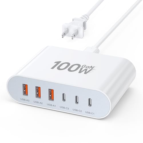 100W USB C Fast Charger Block Compact GaN 6 Port PD USB C and QC USB A Wall Charger Type C Charging Station Hub Adapter Plug Cube Brick for iPhone 17 16 15 14 Pro Max iPad Pro Air Samsung Pixel LG | USB Charger Station Hub, Multiport Charging Block Cube B