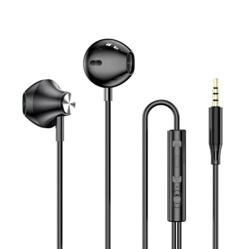 Wired in-Ear Headphones with Microphone, 3.5mm Jack Earphones | 3.5mm Jack Earphones with Remote and Mic. Compatible with Smartphones. Use in everyday routines. For practical routines. - color: Black, 3.5mm Round Tip