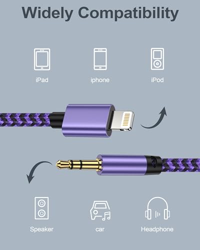 2Pack iPhone AUX Cord for iPhone 14 Pro Max/Plus, 13/12/11/XR/X/8/7, [Apple MFi Certified] Lightning to 1/8 Inch Audio Cable,3.3ft, Headphone Jack Adapter Male Aux Stereo Audio Cable for Lightening - style: Purple*2 Aux Cord