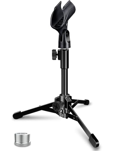 Desktop Mic Stand Portable Foldable Tripod with Mic Clip Holder and 5/8" Male to 3/8" Female Screw Adjustable Microphone Stand. - size: 1 Pack