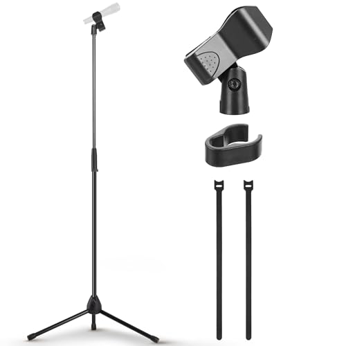 Pyle Tripod Microphone Stand, Height Adjustable from 39.37" to 66.14'', Mic Stand for Floor, Sturdy and Durable Build, Non-Slip Rubber Feet, With 5/8" Screw Adapter, Cable Clip, Compact Folding Design - size: 39.37" - 66.14''