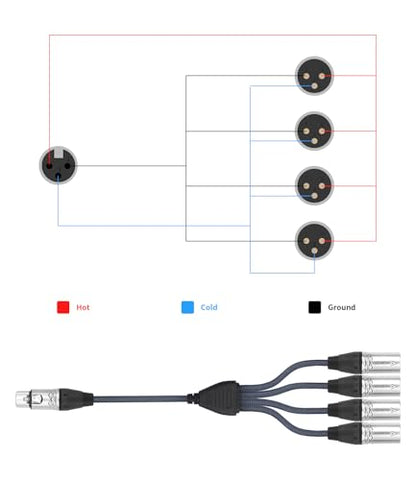 2Feet 3Pin XLR 1 Female to 4 Male Y Splitter Audio Cable,4Way-1 XLR Single Input to Four Output Parallel Connection Cable for Microphone, Audio Player, Power Amplifier, Mixing Console DMX - color: XLR 1F TO 4M-2FT