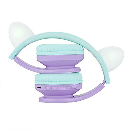 PowerLocus Bluetooth Headphones for Kids, Wireless Foldable Headphones Over Ear, Headphone with Microphone, 85DB Volume Limit, Wireless and Wired Headset with Micro SD, FM for Cellphones, Tablets, PC - color: Teal/Purple Cat Ears