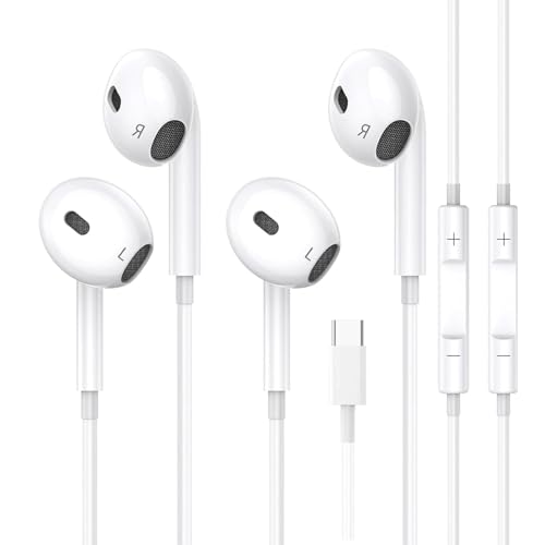USB C Headphones for iPhone 17,16,15, 2 Pack Type C wired earphones Earbuds with Microphone & Remote Noise Cancelling in Ear Headset Control with iPhone 17,16,15 Air, iPad Pro, Pixel, Galaxy S24