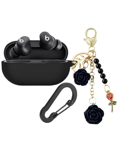 Case for Beats Solo Buds Case Cover with Flower Keychain, Cute Soft Silicone Shockproof Protective Skin Cases for Beats Solo Buds Wireless Earbuds with Carabiner for Women Girl (Black) - color: Black